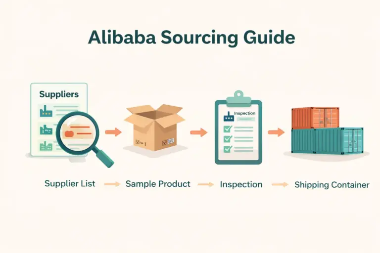 Alibaba sourcing guide showing supplier search product samples factory inspection and shipping workflow