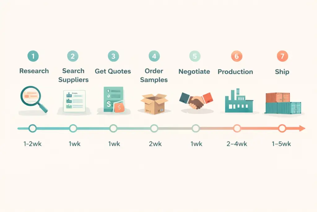 Seven step Alibaba sourcing timeline from product research through shipping with week estimates