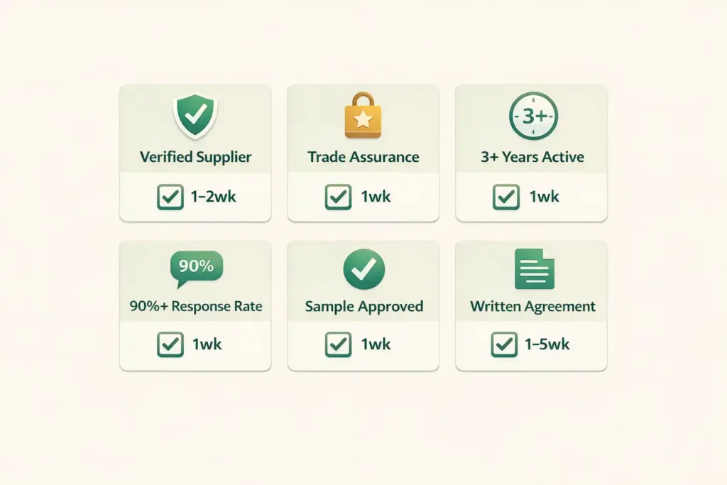 Alibaba supplier vetting checklist with six verification criteria from Trade Assurance to sample quality
