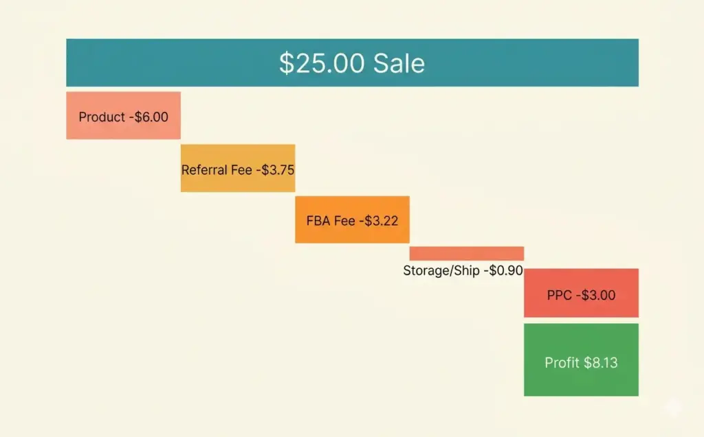 Amazon FBA fee breakdown on a twenty-five dollar product showing referral fulfillment storage and profit