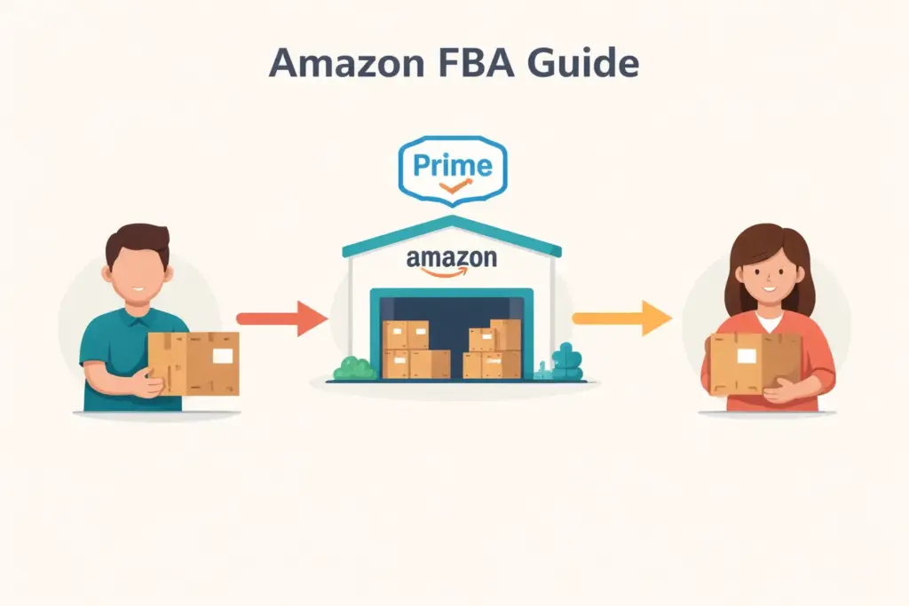 Amazon FBA guide showing fulfillment warehouse workflow from inventory shipment to customer delivery
