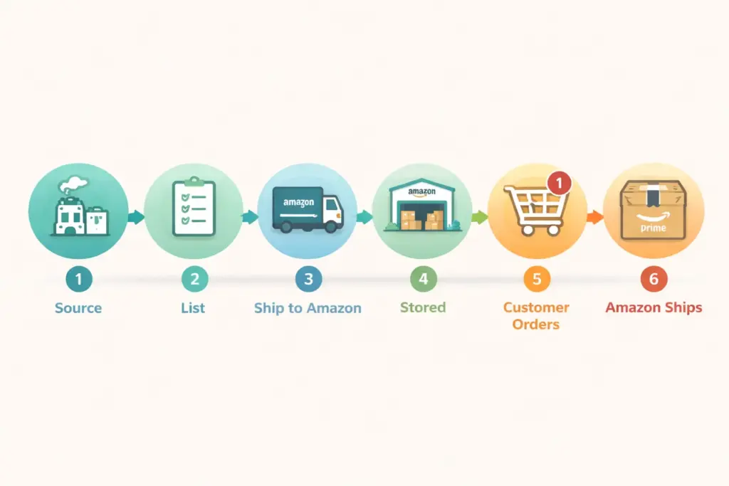 Six step Amazon FBA process from product sourcing through listing optimization and PPC launch