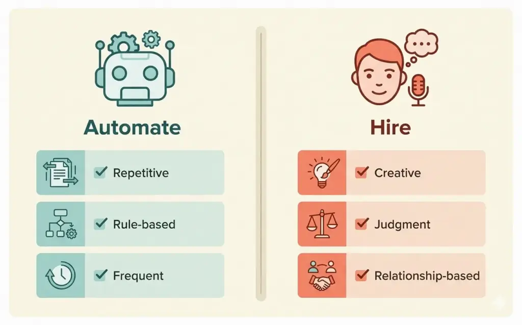 Decision guide showing when to automate versus when to hire for ecommerce operations