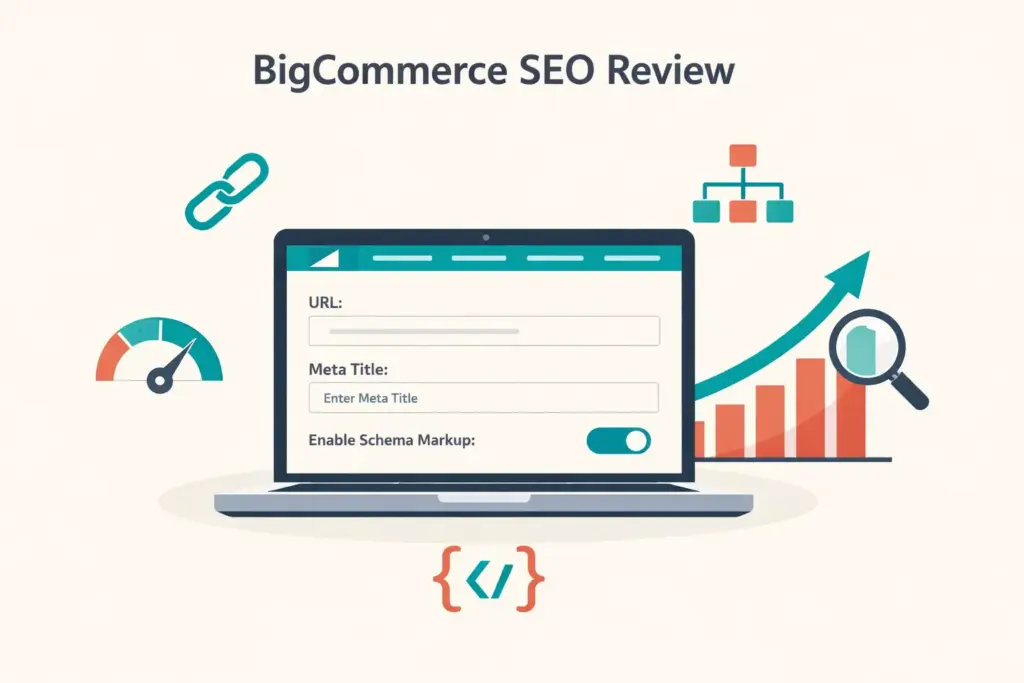 BigCommerce seo review showing platform dashboard with SEO settings and search ranking indicators