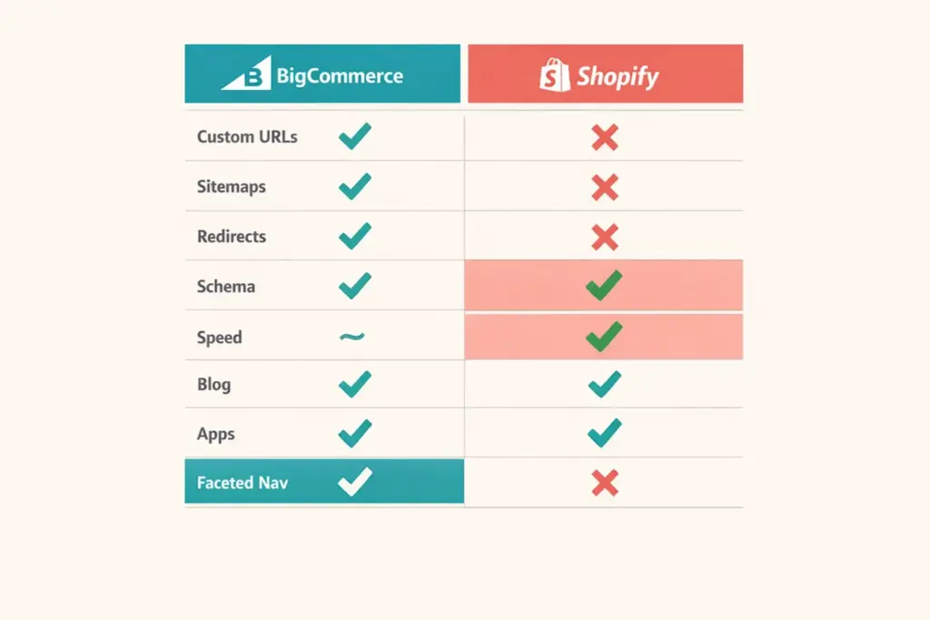 BigCommerce versus Shopify SEO feature comparison showing eight categories with winner indicators