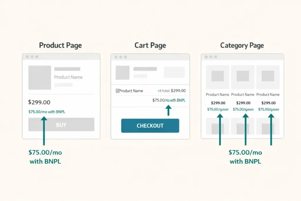 BNPL messaging placement locations on product page cart page and category page