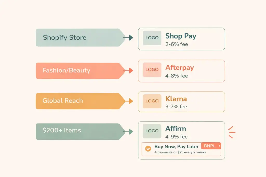 BNPL provider decision guide showing four providers matched to store type and product price range