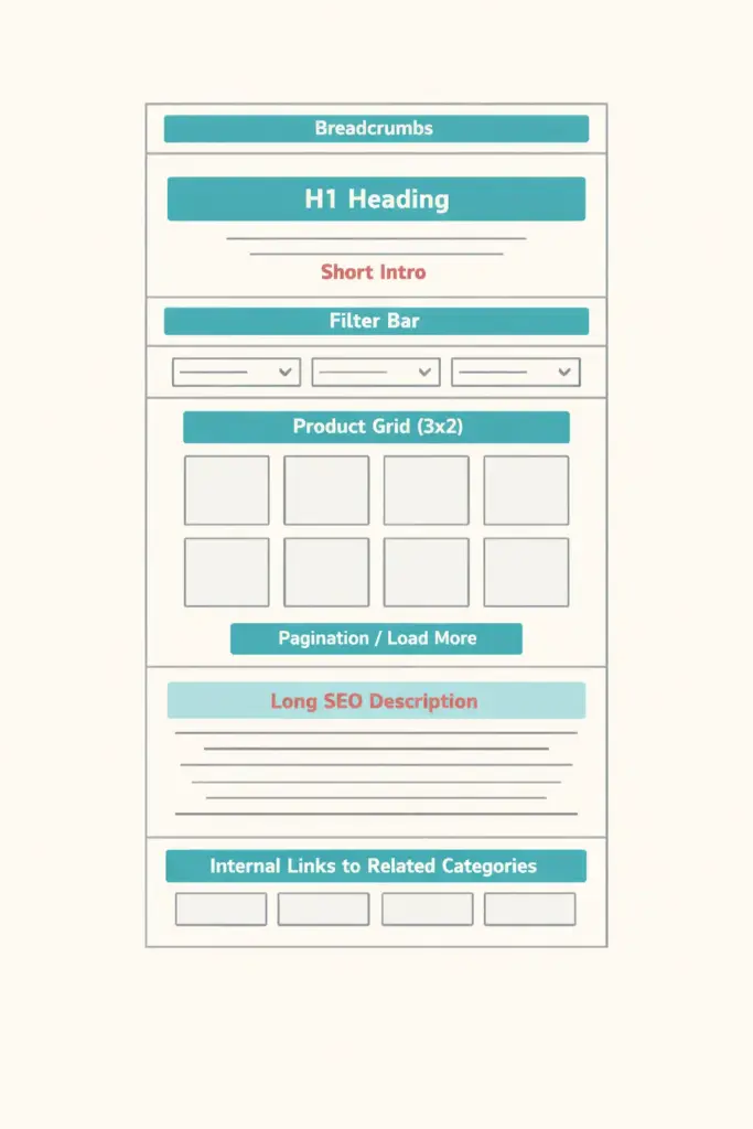 Anatomy of an optimized ecommerce category page showing seven essential elements from H1 to footer content