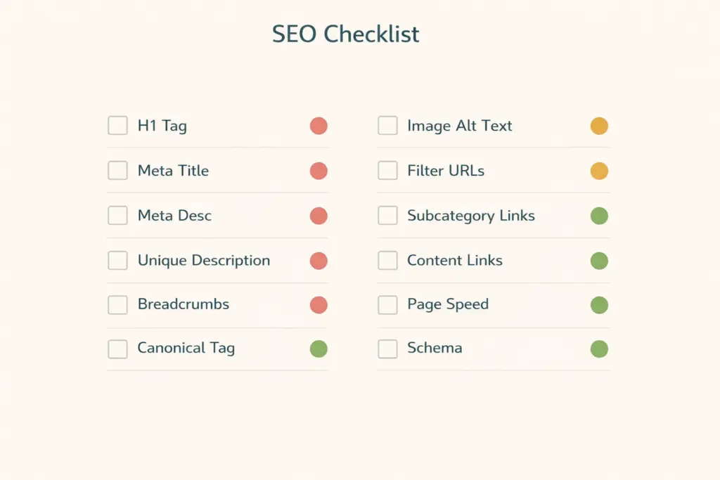 Category page SEO checklist with twelve items showing critical high and medium priority levels