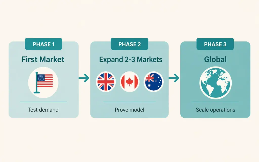 Three phase international expansion path from first market through multi-market to global operations