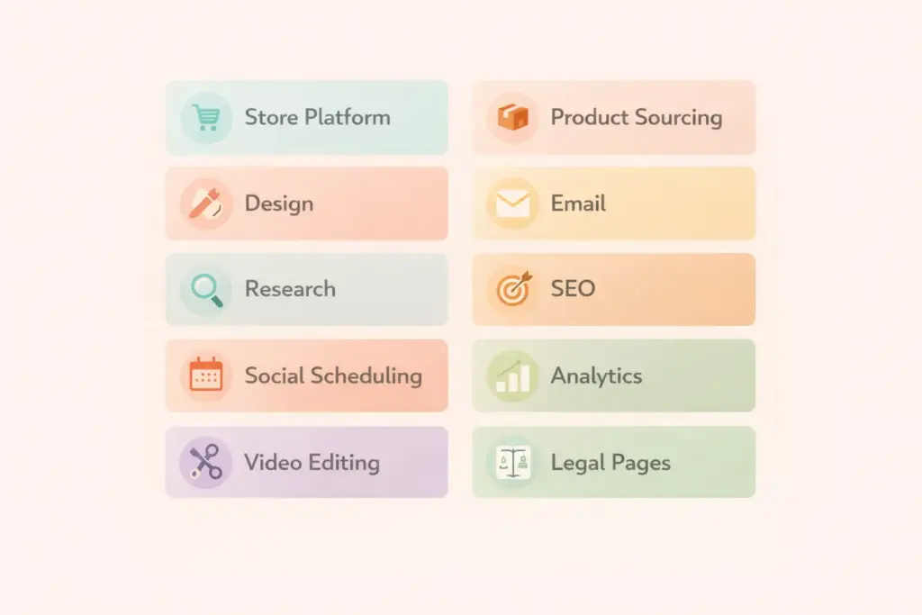 Free tools stack for starting a dropshipping business with no money including DSers Canva and Google Trends