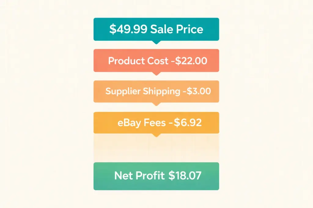 eBay dropshipping fee breakdown showing final value fees payment processing and net profit calculation
