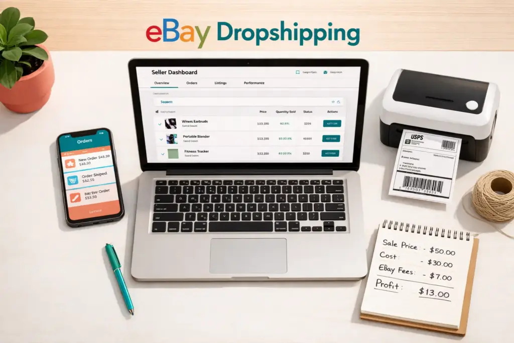 eBay dropshipping guide showing product listing supplier connection and order fulfillment workflow on screen