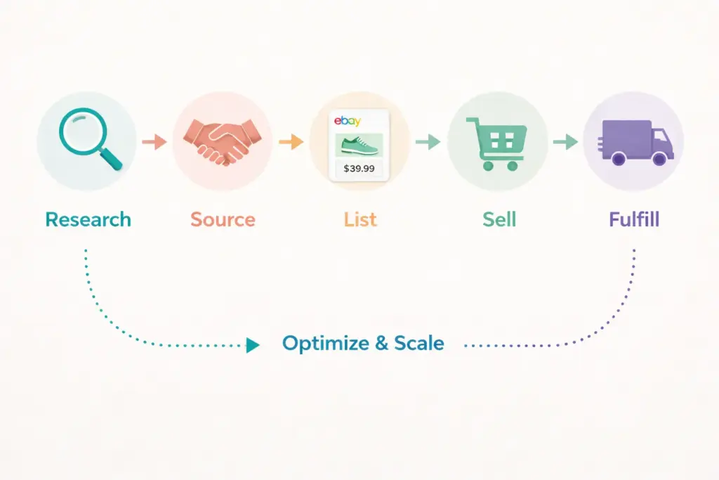 Complete eBay dropshipping workflow from product research through listing automation and order fulfillment