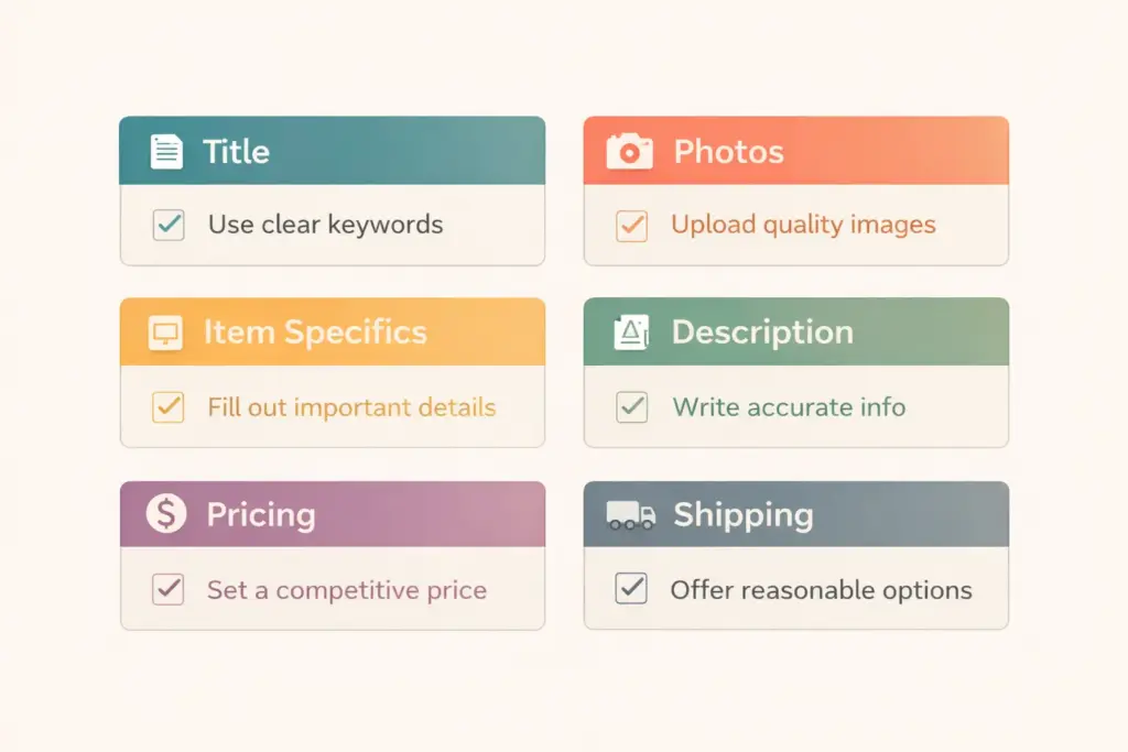 eBay listing optimization checklist covering title photos item specifics pricing and shipping settings