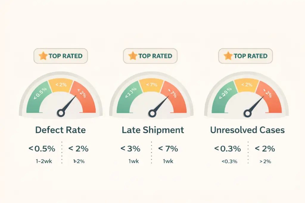 eBay seller performance metrics showing Top Rated thresholds for defect rate late shipment and cases