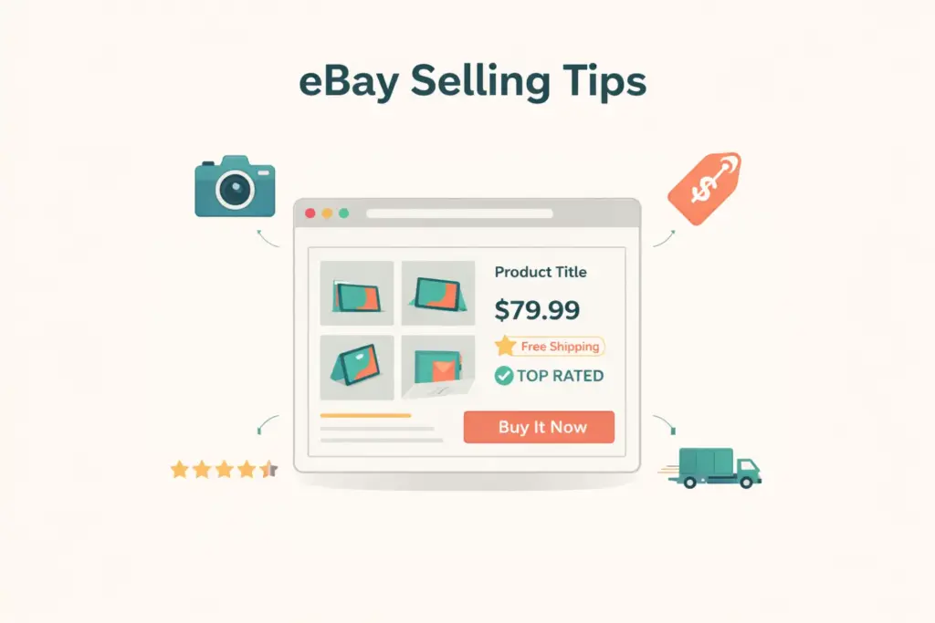 eBay selling tips guide showing optimized listing with photos pricing and Top Rated seller badge