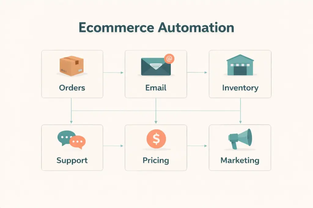 Ecommerce automation showing six automated workflow categories from orders to marketing with connecting arrows