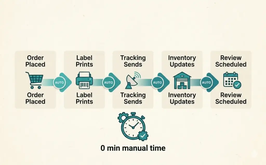 Automated ecommerce workflow from customer order through fulfillment email and review request