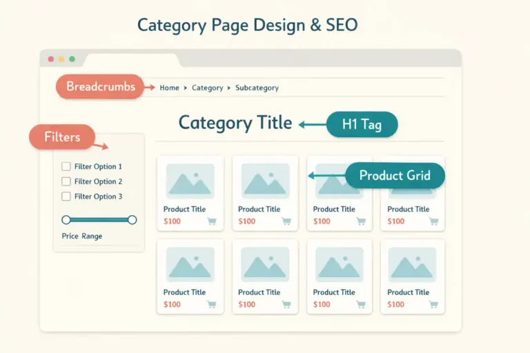 Ecommerce category page design showing a product grid layout with filters SEO elements and breadcrumbs