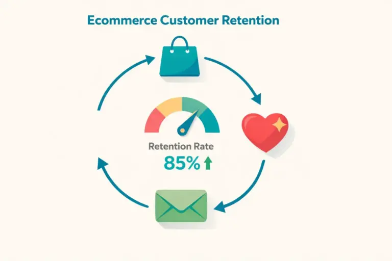 Ecommerce customer retention strategies showing a repeat purchase cycle with loyalty and email icons