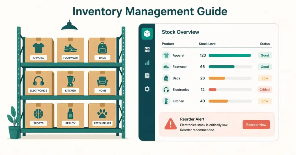 Ecommerce inventory management showing warehouse shelves dashboard with stock levels and reorder alerts