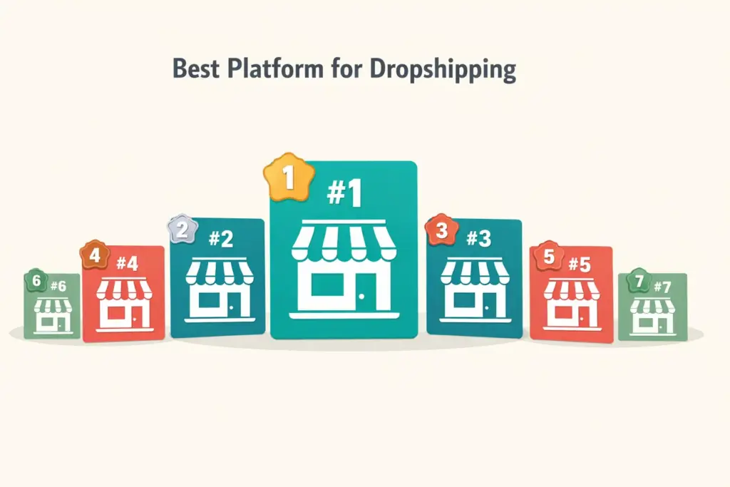 Best ecommerce platform for dropshipping showing seven platforms ranked with pricing and feature indicators