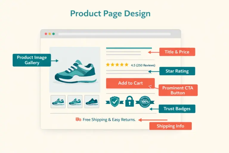 Ecommerce product page design showing key elements including images pricing CTA reviews and trust signals