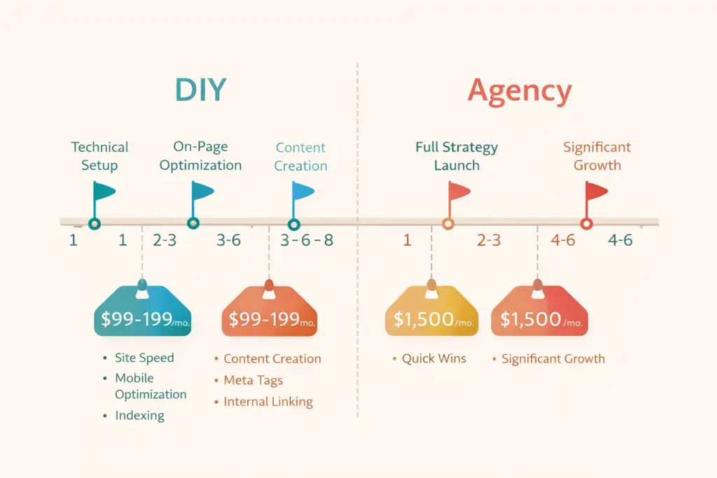 Timeline comparison of DIY ecommerce SEO versus hiring an agency showing cost and speed differences