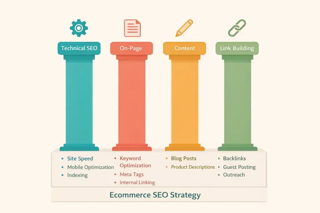 Four pillars of ecommerce SEO strategy showing technical on-page content and link building foundations
