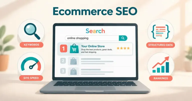 Ecommerce SEO services guide showing search ranking dashboard with product page optimization metrics