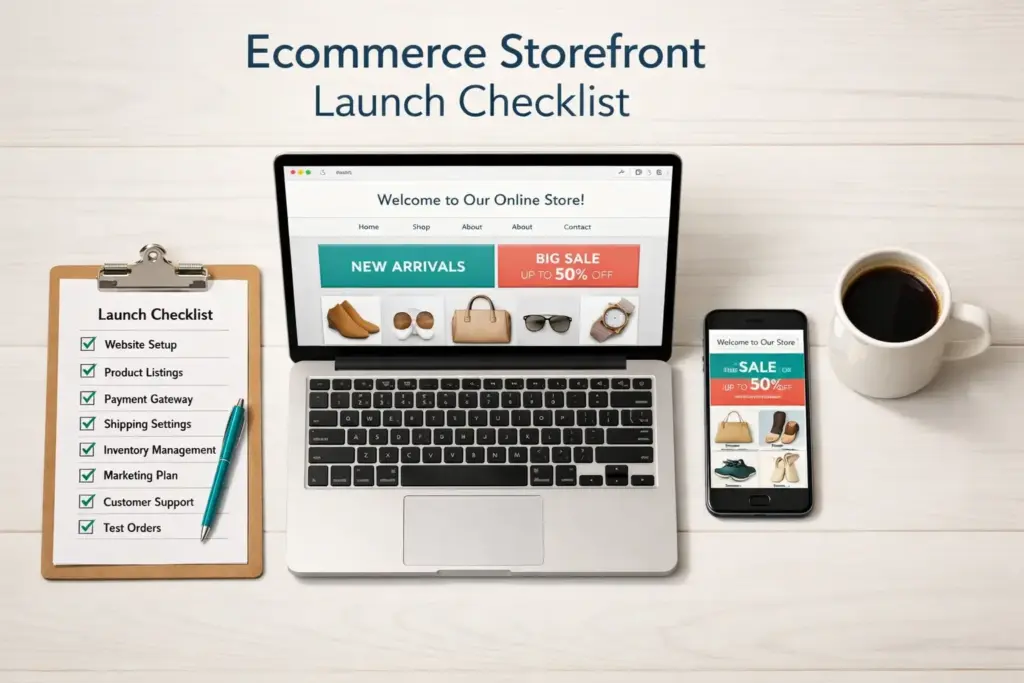 Ecommerce storefront launch checklist displayed on a laptop with testing notes and a go-live countdown