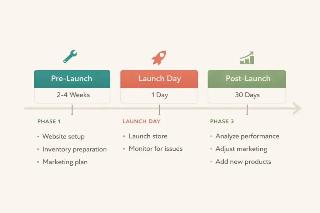 Three phase ecommerce storefront launch timeline showing pre-launch testing and post-launch optimization