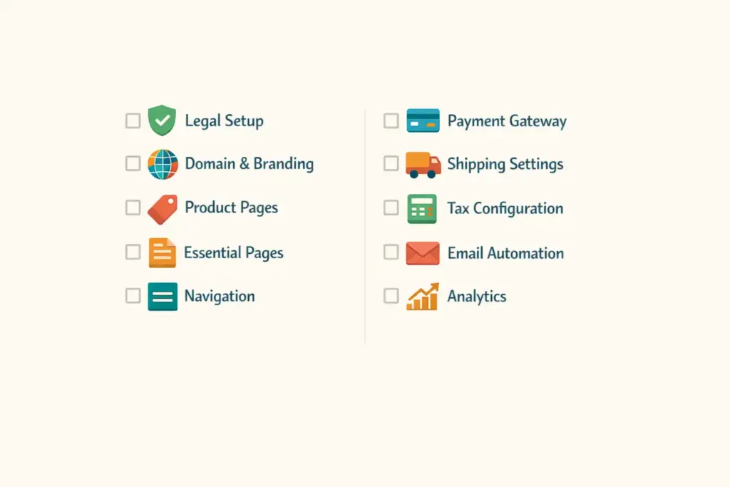 Pre-launch checklist for ecommerce storefront showing ten setup categories from legal to analytics