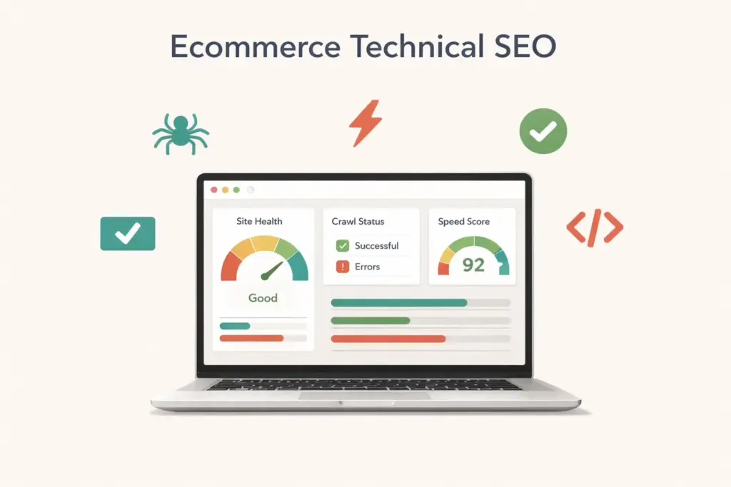 Ecommerce technical seo audit dashboard showing crawl health speed scores and indexation metrics