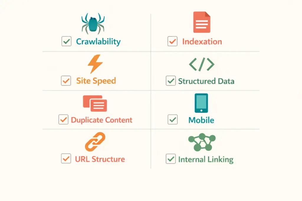 Eight area ecommerce technical seo audit checklist from crawlability to internal linking