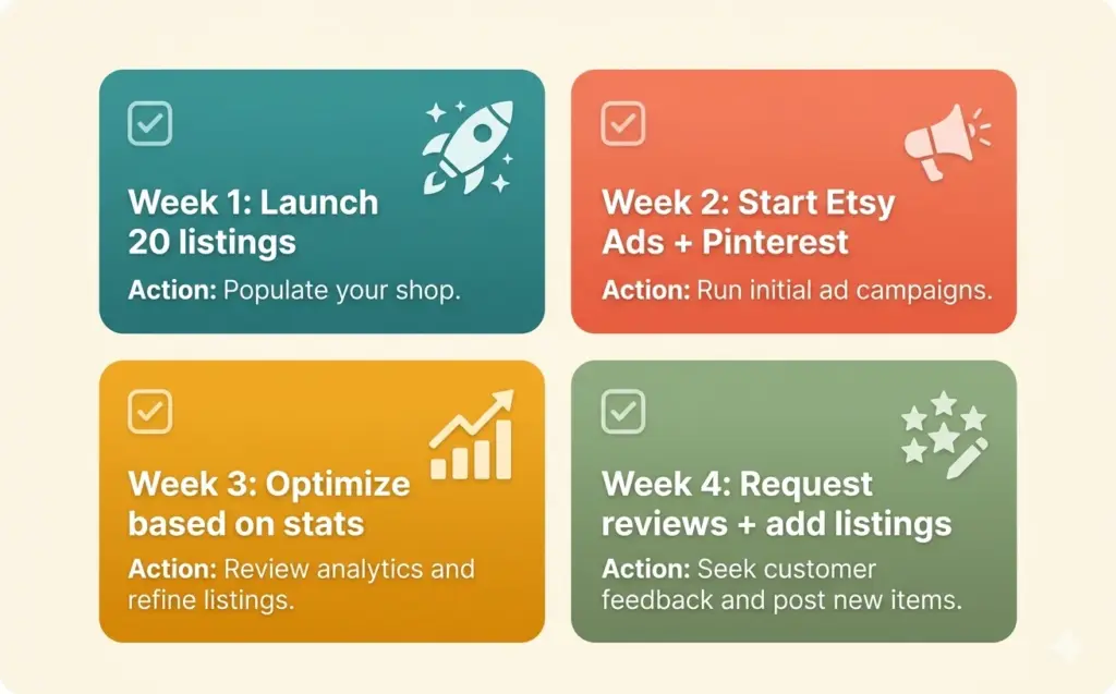 Etsy first 30 days action checklist for new shops to maximize the visibility boost period