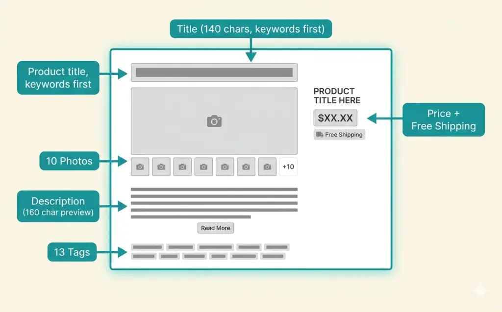 Anatomy of an optimized Etsy listing showing title tags photos description and pricing elements