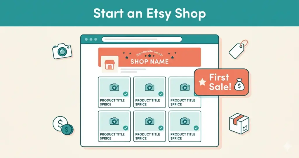 Etsy shop setup guide showing store profile product listings and first sale notification