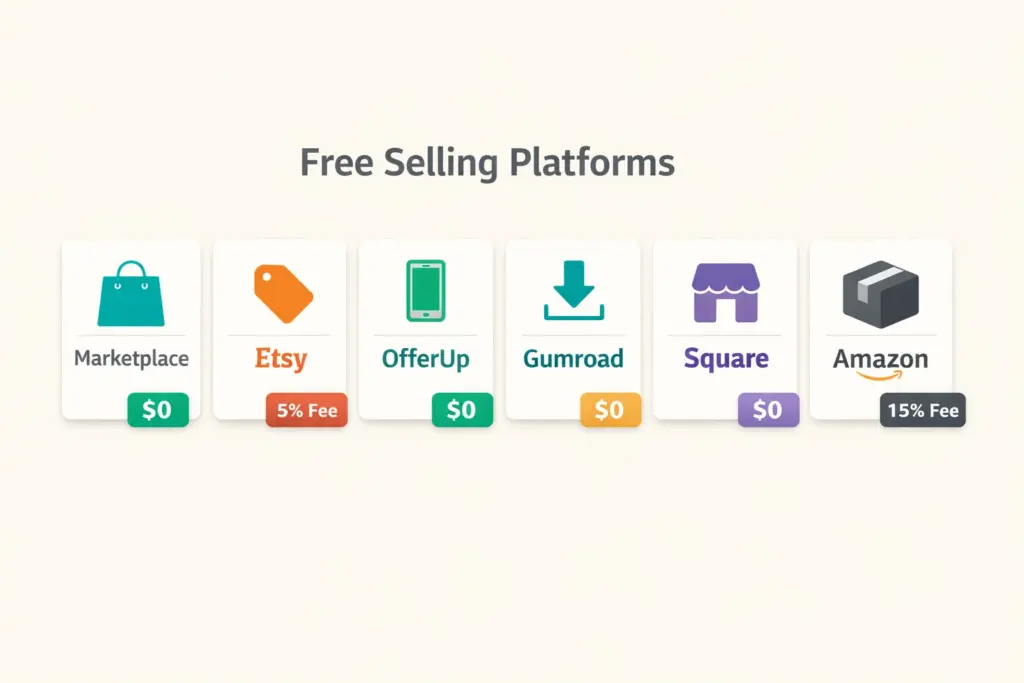 Free selling platforms compared showing marketplace icons with fee labels and product type indicators