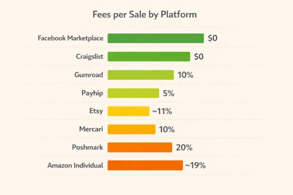 Fee comparison chart for free selling platforms showing actual cost per sale on each marketplace