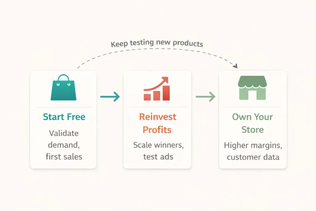 Transition roadmap from free selling platforms to owned ecommerce store showing growth stages