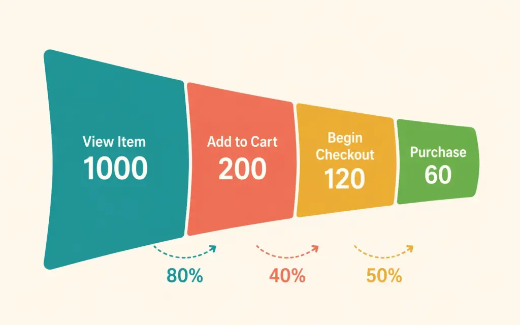 GA4 ecommerce funnel showing drop-off rates from product view through add to cart checkout and purchase