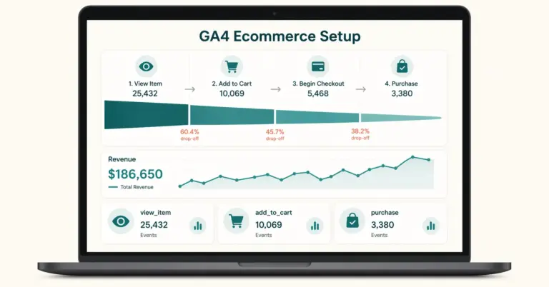 GA4 ecommerce setup showing Google Analytics dashboard with ecommerce events funnel and revenue data