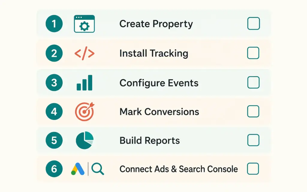 GA4 ecommerce setup checklist with six steps from property creation to Google Ads connection