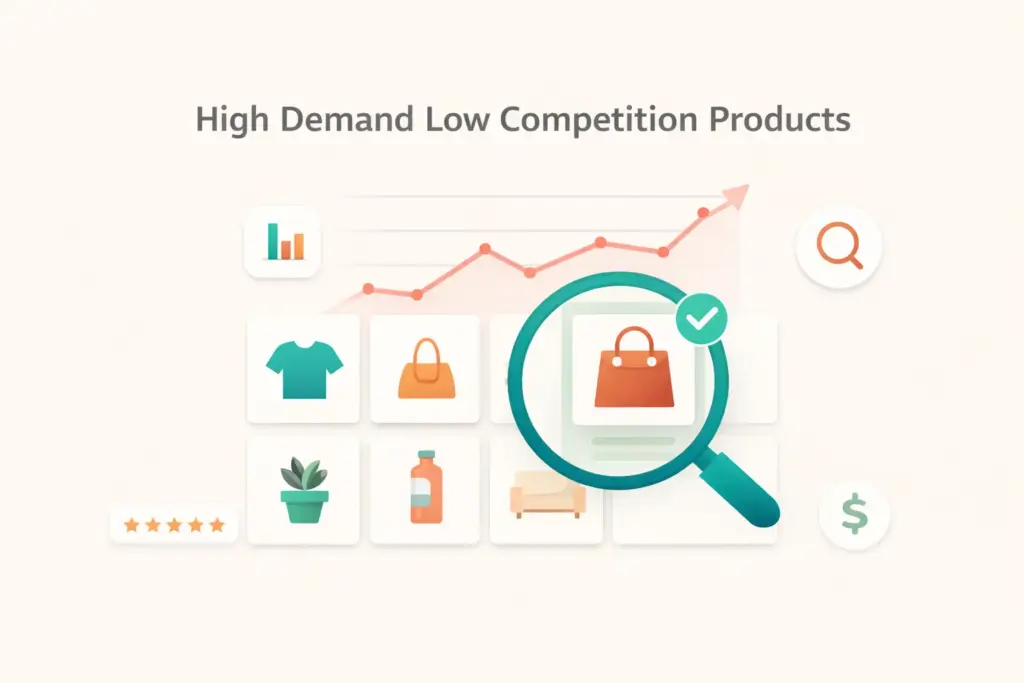 High demand low competition products research showing a magnifying glass over product data with trend charts