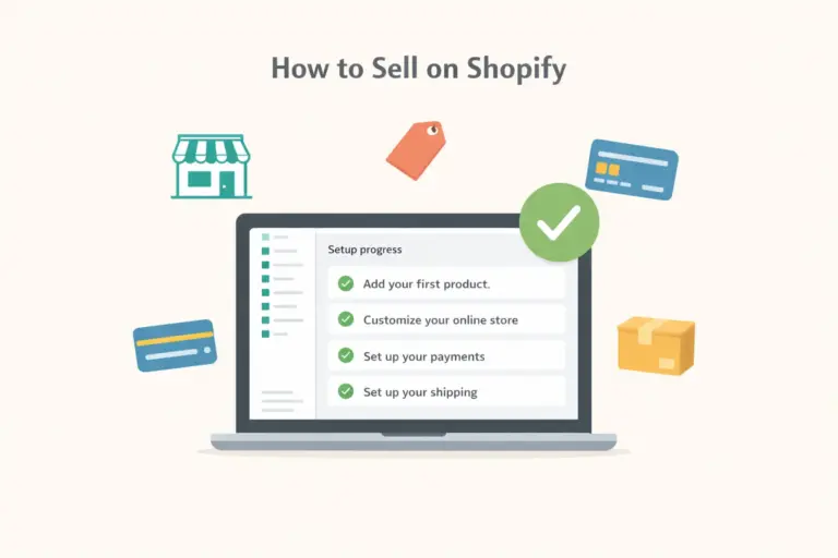 How to sell on Shopify showing store setup steps from account creation to first sale on a laptop screen