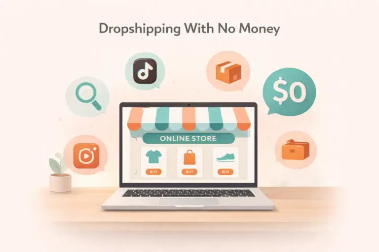 How to start a dropshipping business with no money showing a laptop with free tools and zero dollar sign