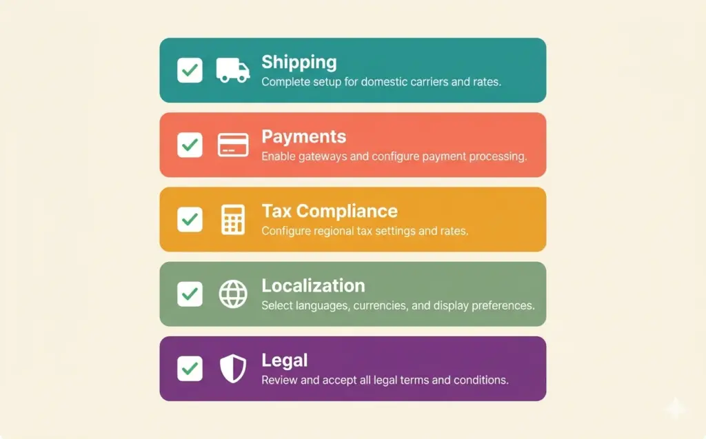 International market entry checklist covering shipping payments taxes localization and compliance