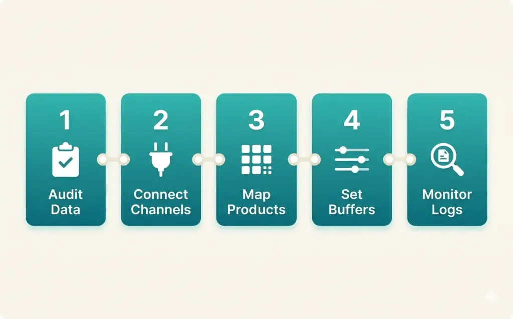 Five step inventory sync implementation from data audit through monitoring with timeline